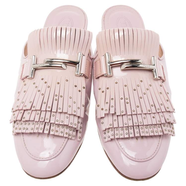 Pre Owned Tod's  Beige Patent Leather Double T Buckle Flat Mules Size 39