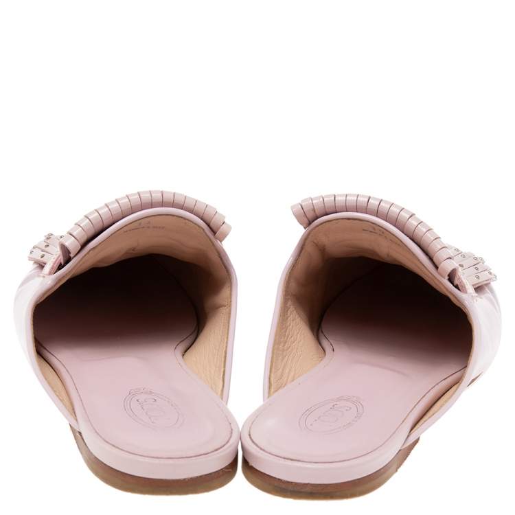 Pre Owned Tod's  Beige Patent Leather Double T Buckle Flat Mules Size 39
