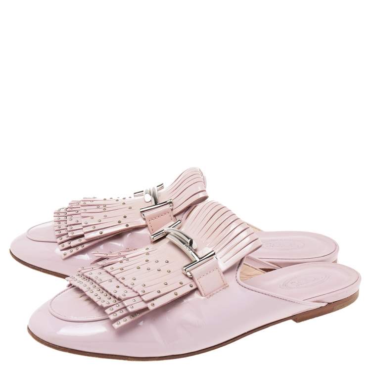 Pre Owned Tod's  Beige Patent Leather Double T Buckle Flat Mules Size 39