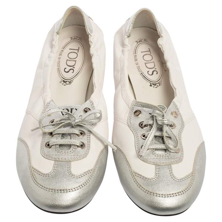 Pre Owned Tod's White/Silver Leather Gomma Lace Slip-On Sneakers Size 39.5