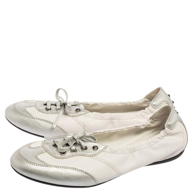 Pre Owned Tod's White/Silver Leather Gomma Lace Slip-On Sneakers Size 39.5