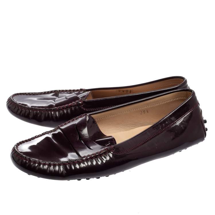 Pre Owned Tod's Burgundy Patent Leather Penny Loafers  Size 39.5