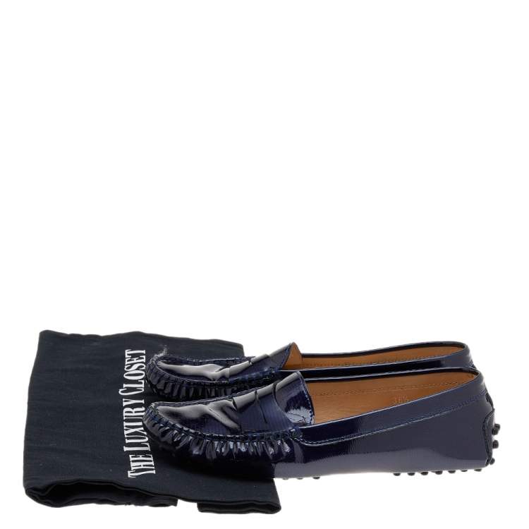 Pre Owned Tod's Blue Lizard Embossed Patent Leather Gommino Slip On Loafers Size 36.5