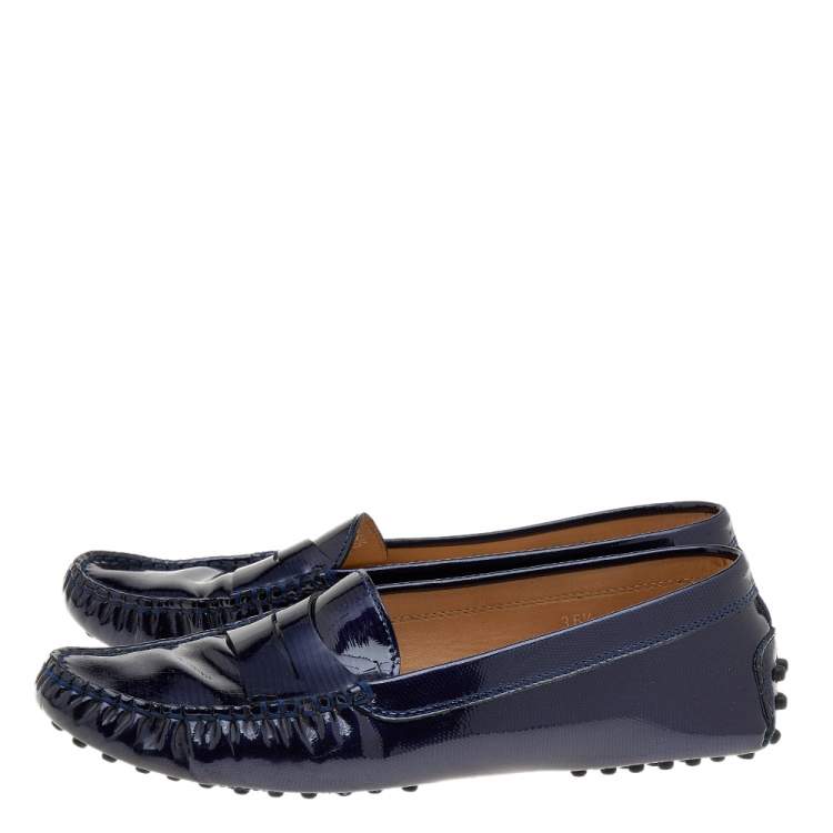 Pre Owned Tod's Blue Lizard Embossed Patent Leather Gommino Slip On Loafers Size 36.5