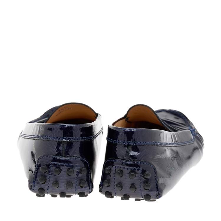Pre Owned Tod's Blue Lizard Embossed Patent Leather Gommino Slip On Loafers Size 36.5