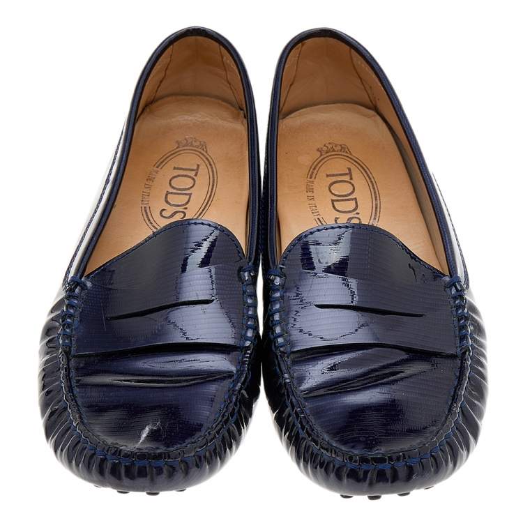 Pre Owned Tod's Blue Lizard Embossed Patent Leather Gommino Slip On Loafers Size 36.5