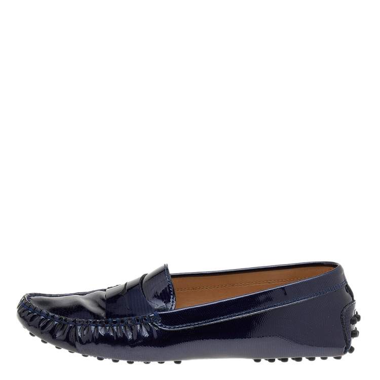 Pre Owned Tod's Blue Lizard Embossed Patent Leather Gommino Slip On Loafers Size 36.5