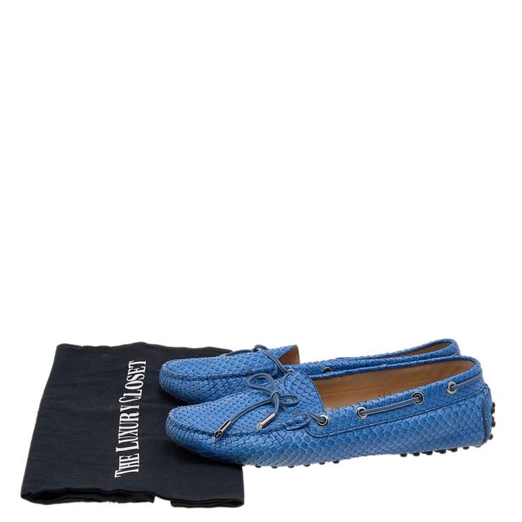 Pre Owned Tod's Blue Python Bow Slip On Loafers Size 38.5