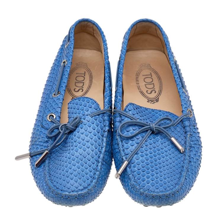 Pre Owned Tod's Blue Python Bow Slip On Loafers Size 38.5