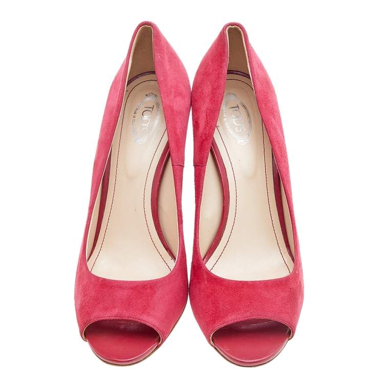 Pre Owned Tod's Crimson Red Suede Peep Toe Wedge Pumps Size 40