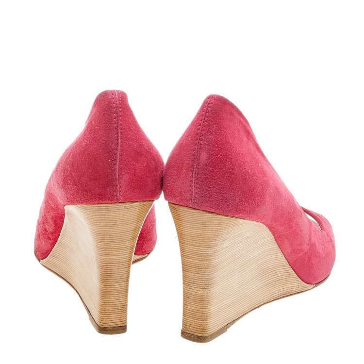Pre Owned Tod's Crimson Red Suede Peep Toe Wedge Pumps Size 40