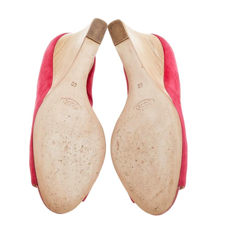 Pre Owned Tod's Crimson Red Suede Peep Toe Wedge Pumps Size 40