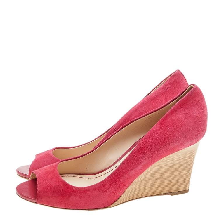 Pre Owned Tod's Crimson Red Suede Peep Toe Wedge Pumps Size 40