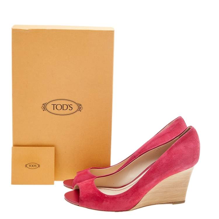Pre Owned Tod's Crimson Red Suede Peep Toe Wedge Pumps Size 40
