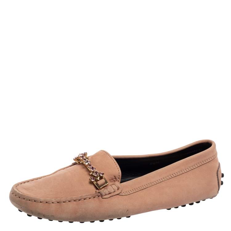 Pre Owned Tod's Pink Nubuck Leather Crystal Embellished Buckle Loafers Size 36.5