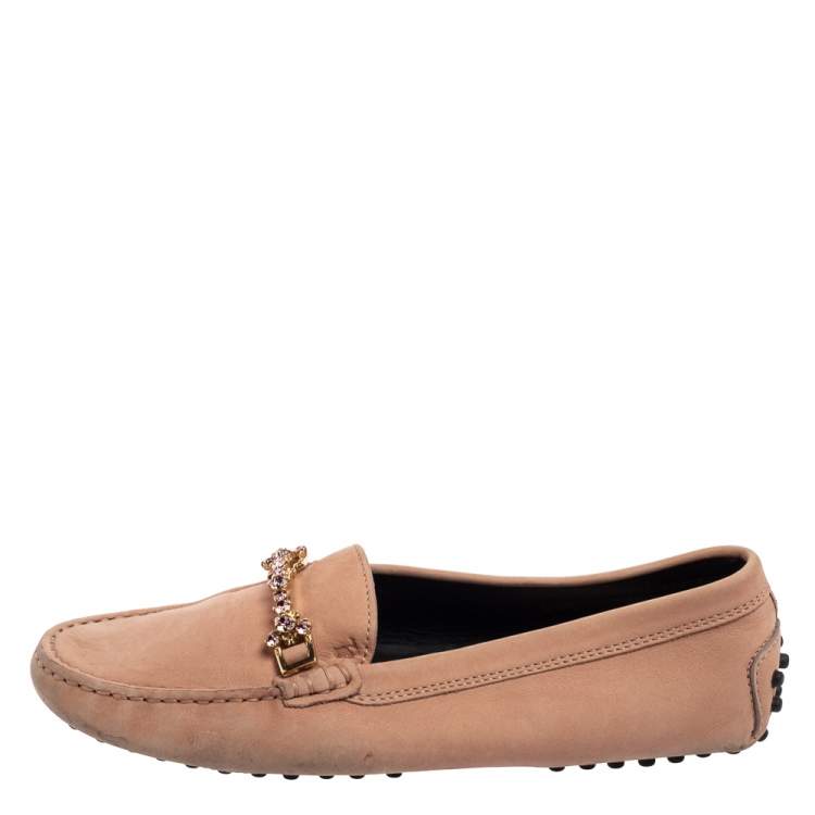 Pre Owned Tod's Pink Nubuck Leather Crystal Embellished Buckle Loafers Size 36.5