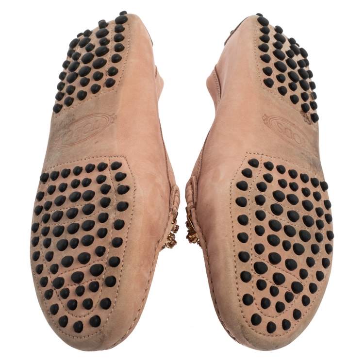 Pre Owned Tod's Pink Nubuck Leather Crystal Embellished Buckle Loafers Size 36.5