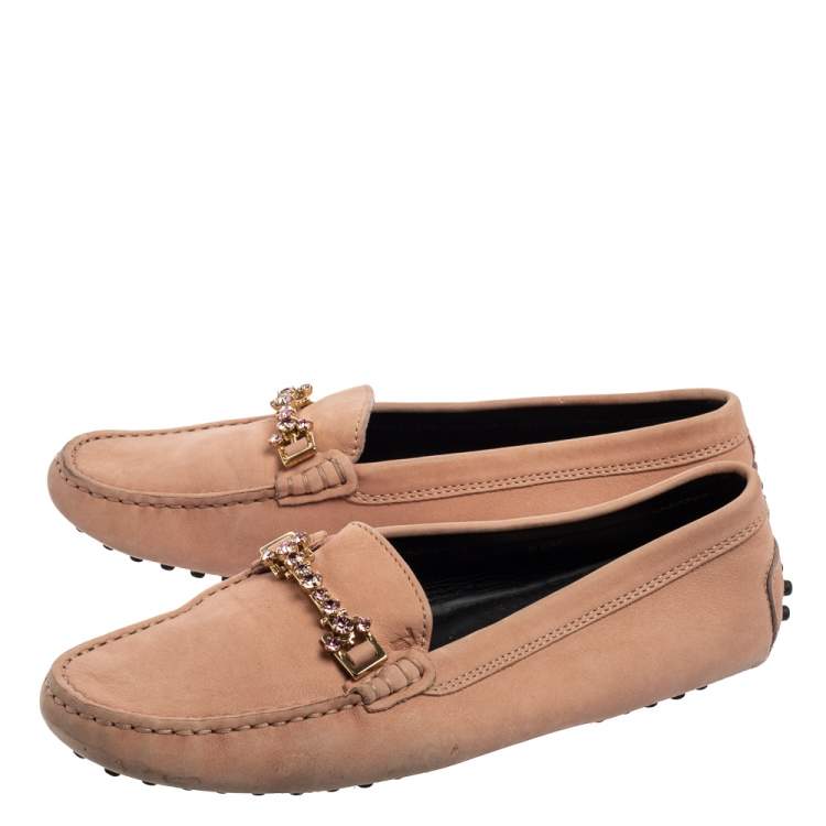 Pre Owned Tod's Pink Nubuck Leather Crystal Embellished Buckle Loafers Size 36.5