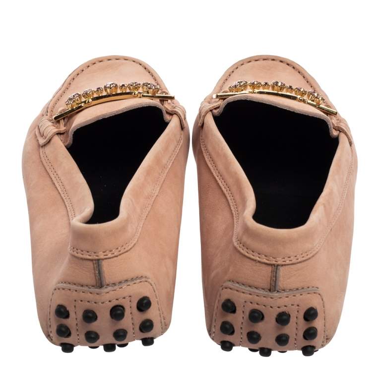 Pre Owned Tod's Pink Nubuck Leather Crystal Embellished Buckle Loafers Size 36.5
