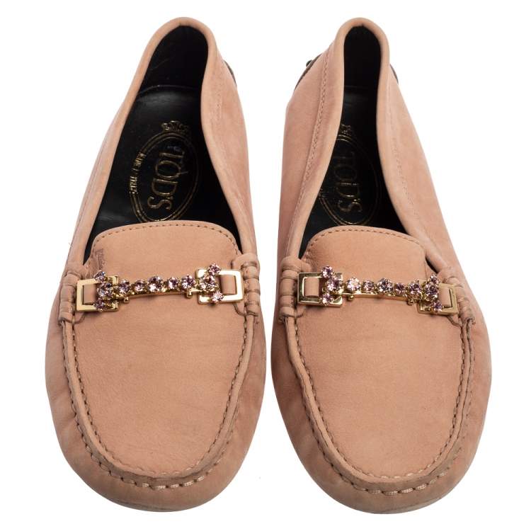 Pre Owned Tod's Pink Nubuck Leather Crystal Embellished Buckle Loafers Size 36.5