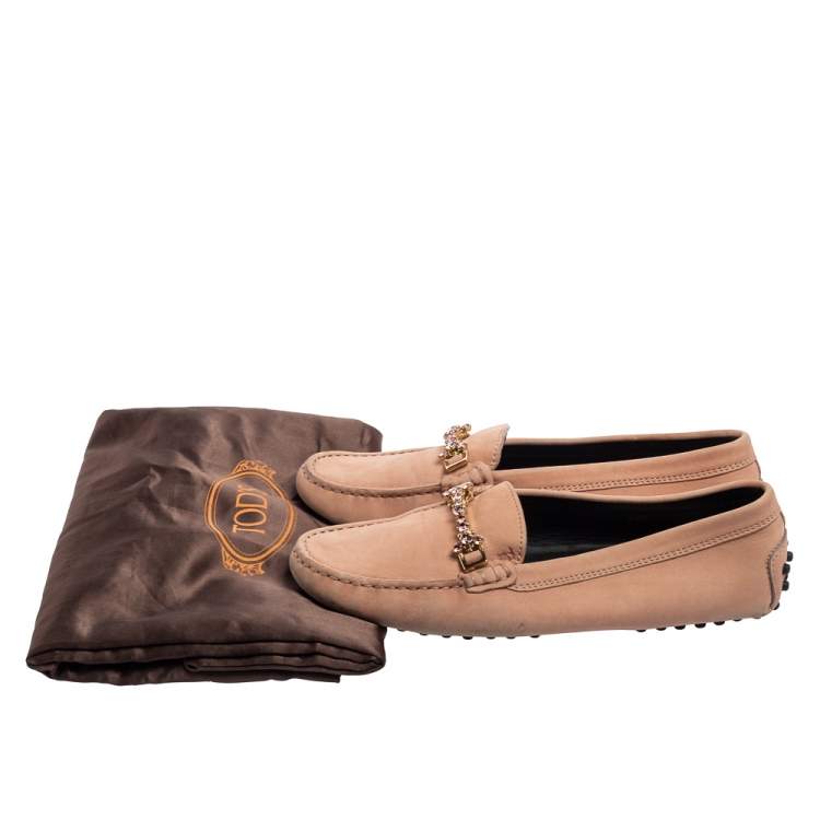 Pre Owned Tod's Pink Nubuck Leather Crystal Embellished Buckle Loafers Size 36.5