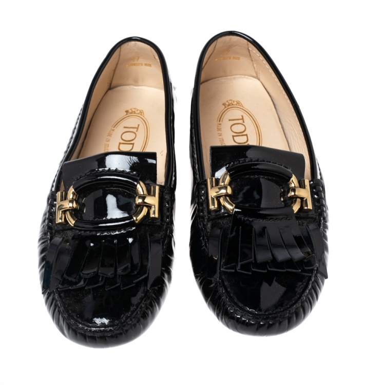Pre Owned Tod's Black Patent Leather Fringe Loafers Size 37