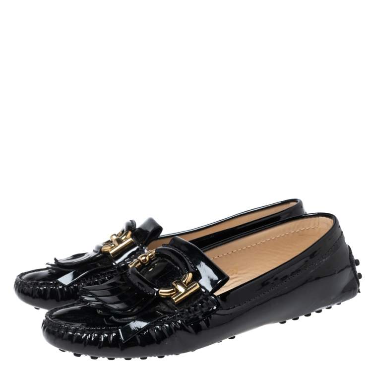 Pre Owned Tod's Black Patent Leather Fringe Loafers Size 37