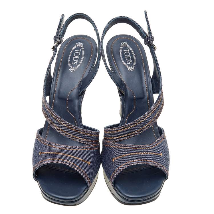 Pre Owned Tod's Blue Denim Slingback Platform Wedge Sandals Size 41