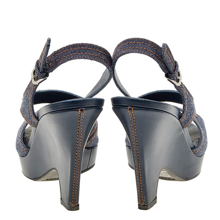 Pre Owned Tod's Blue Denim Slingback Platform Wedge Sandals Size 41