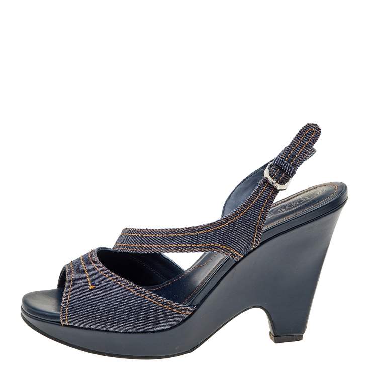 Pre Owned Tod's Blue Denim Slingback Platform Wedge Sandals Size 41