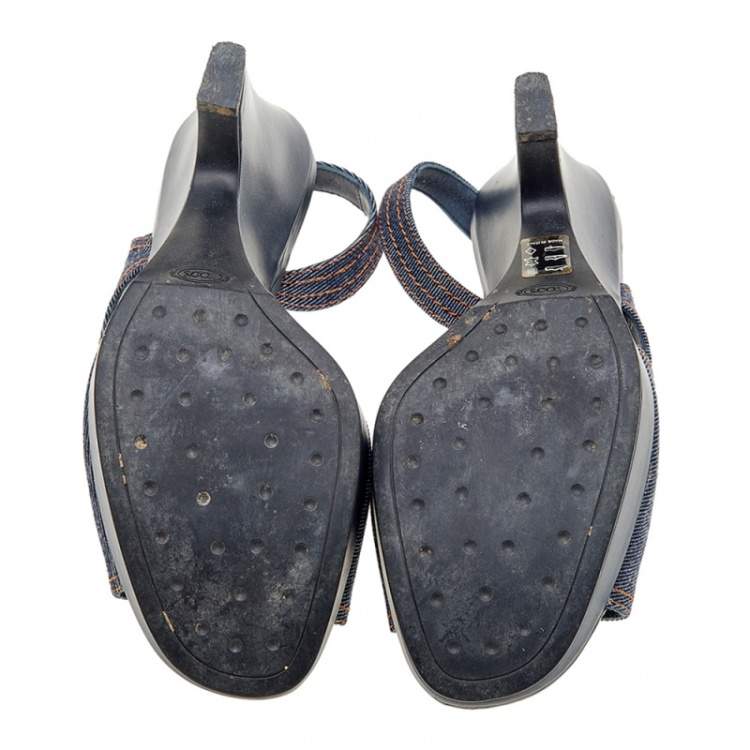 Pre Owned Tod's Blue Denim Slingback Platform Wedge Sandals Size 41