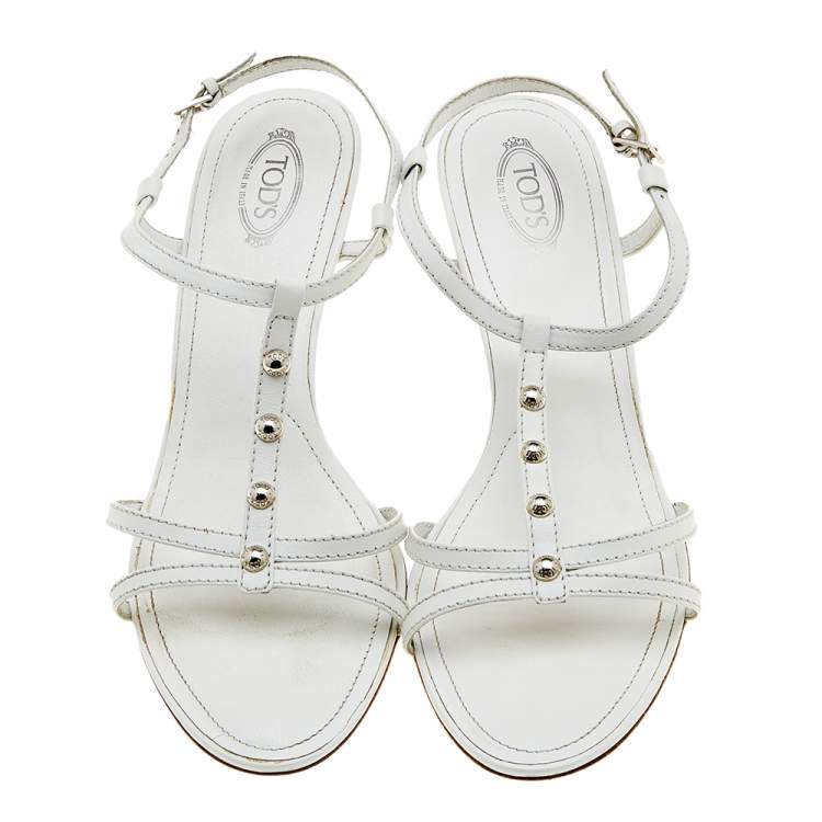 Pre Owned Tod's White Leather T-Strap Sandals Size 40