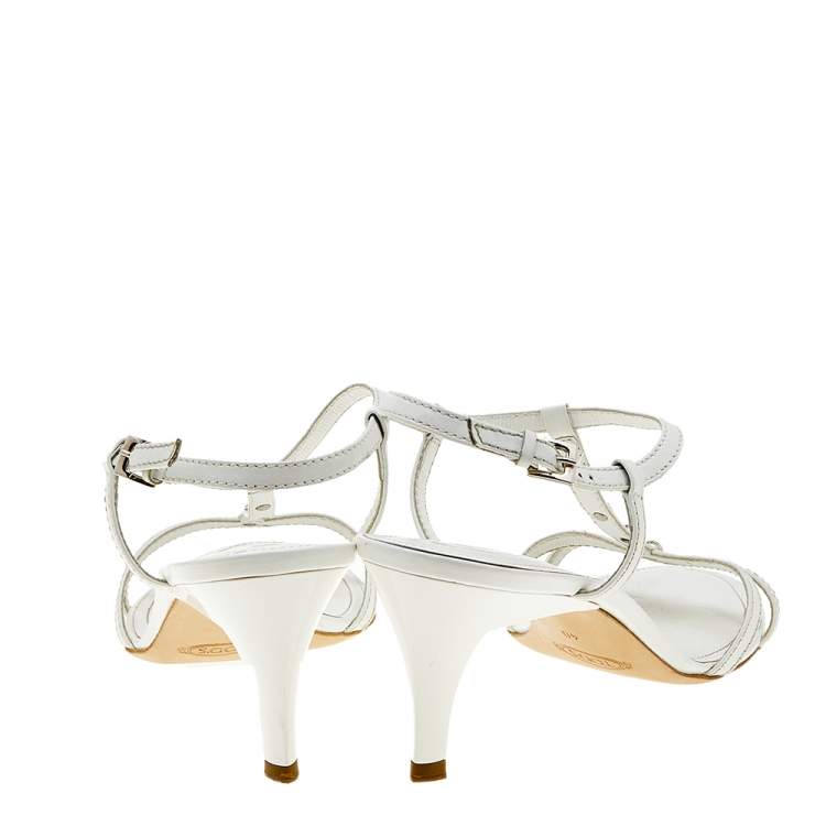 Pre Owned Tod's White Leather T-Strap Sandals Size 40