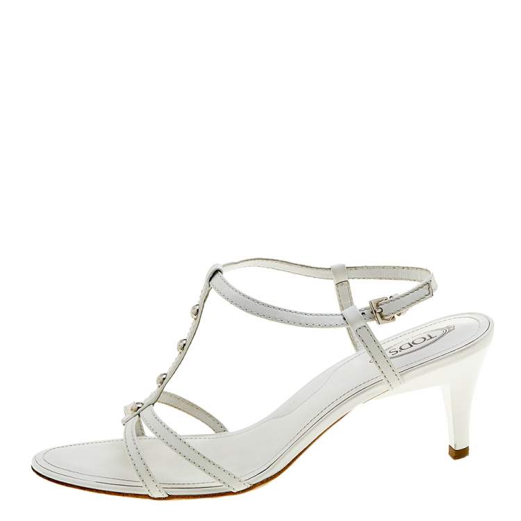 Pre Owned Tod's White Leather T-Strap Sandals Size 40