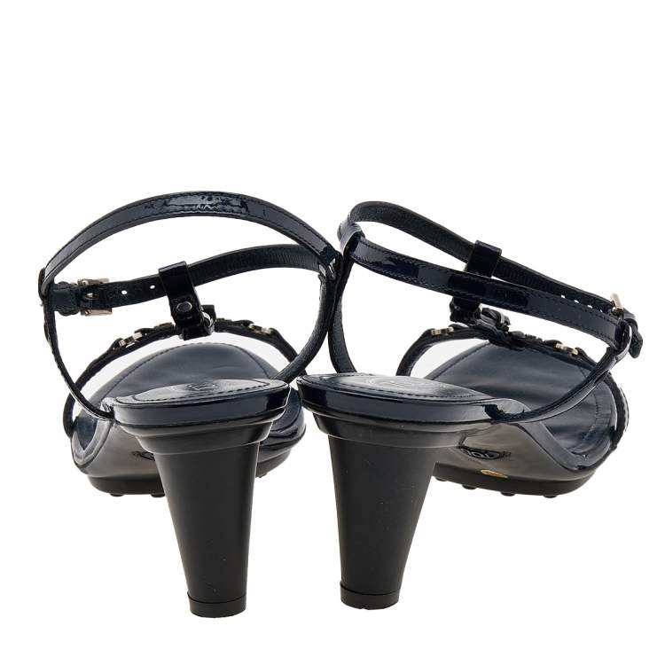 Pre Owned Tod's Navy Blue Patent Leather T-Strap Sandals Size 40