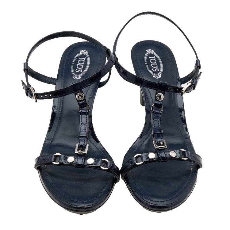 Pre Owned Tod's Navy Blue Patent Leather T-Strap Sandals Size 40