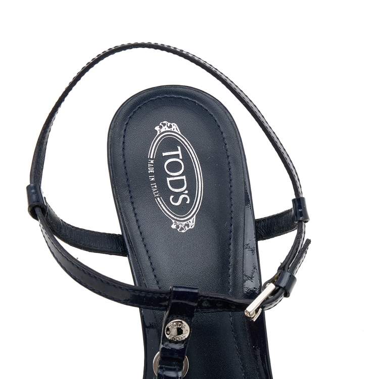 Pre Owned Tod's Navy Blue Patent Leather T-Strap Sandals Size 40