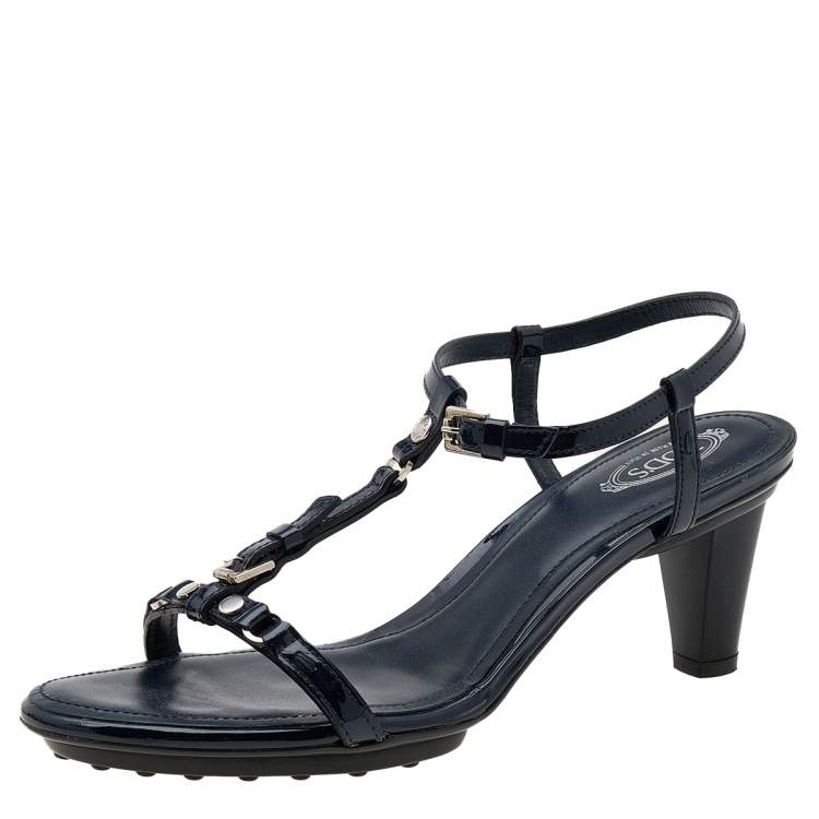 Pre Owned Tod's Navy Blue Patent Leather T-Strap Sandals Size 40