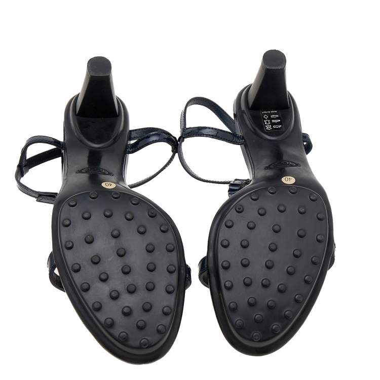 Pre Owned Tod's Navy Blue Patent Leather T-Strap Sandals Size 40