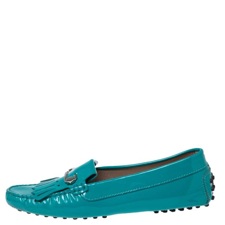مملوكة مسبقًا Tod's Turquoise Patent Leather Fringe Loafers Size 36