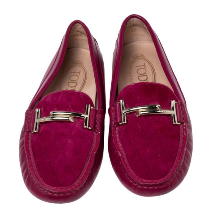Pre Owned Tod's Magenta Quilted Suede and Leather Double T Buckle Loafers Size 36