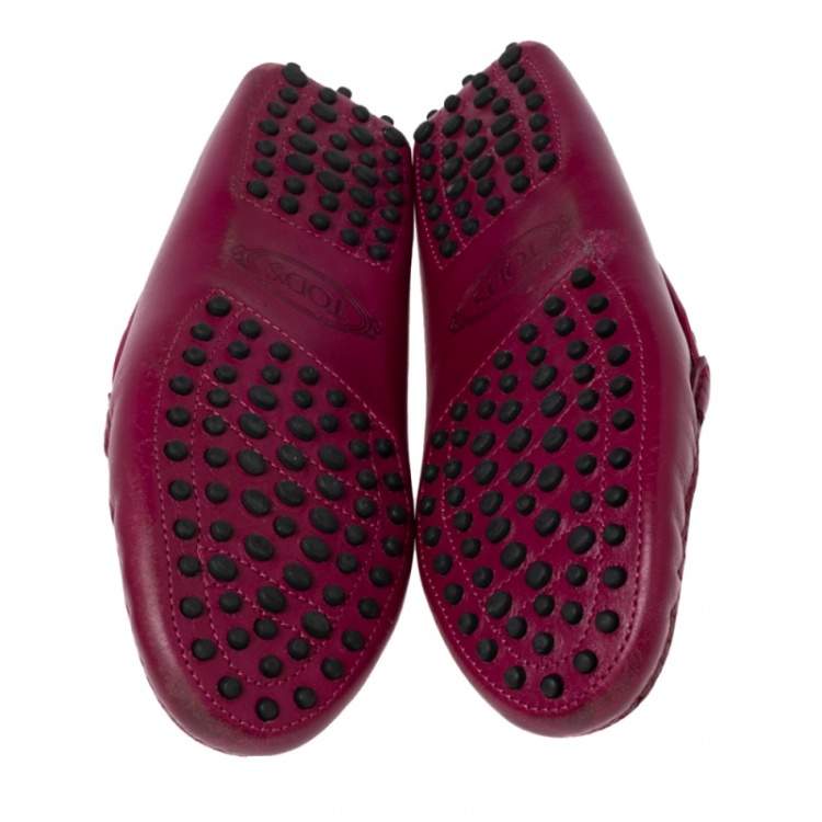 Pre Owned Tod's Magenta Quilted Suede and Leather Double T Buckle Loafers Size 36