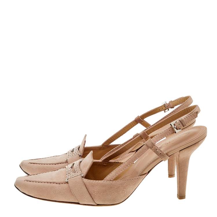 Pre Owned Tod's Pale Pink Suede Crystal Embellished Penny Loafer Slingback Sandals Size 40
