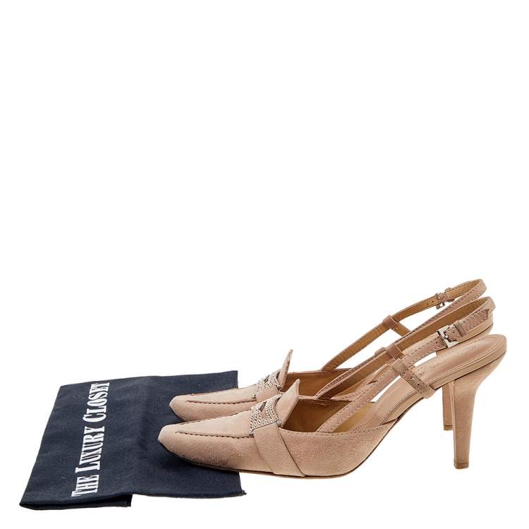 Pre Owned Tod's Pale Pink Suede Crystal Embellished Penny Loafer Slingback Sandals Size 40