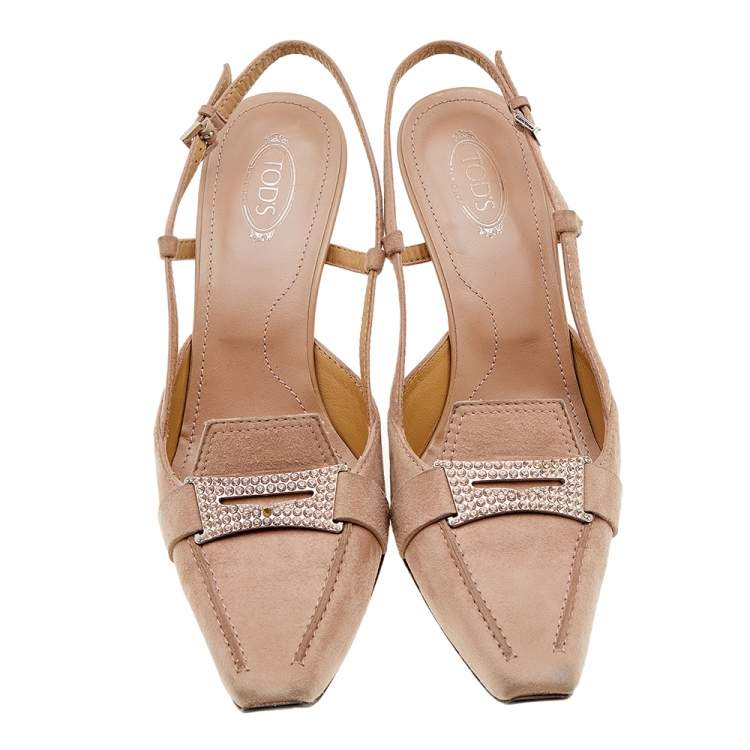 Pre Owned Tod's Pale Pink Suede Crystal Embellished Penny Loafer Slingback Sandals Size 40