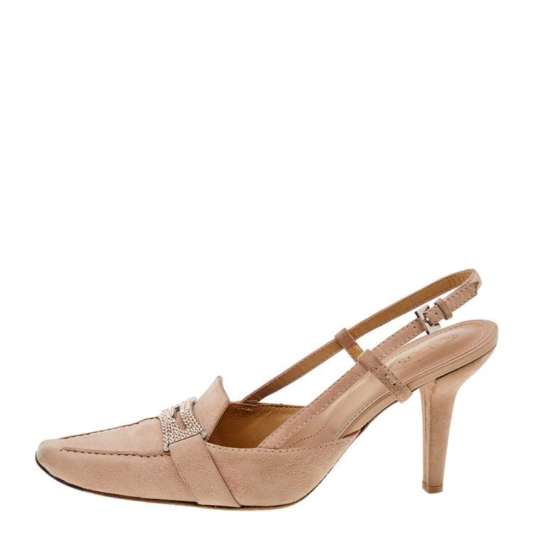 Pre Owned Tod's Pale Pink Suede Crystal Embellished Penny Loafer Slingback Sandals Size 40