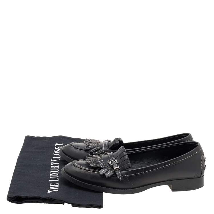 Pre Owned Tod's Black Leather Fringe Loafers Size 38