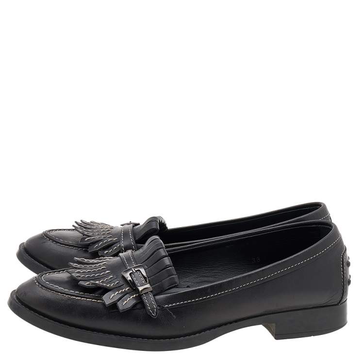 Pre Owned Tod's Black Leather Fringe Loafers Size 38