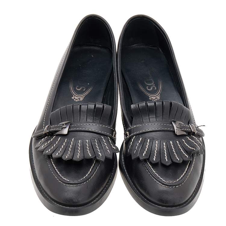 Pre Owned Tod's Black Leather Fringe Loafers Size 38