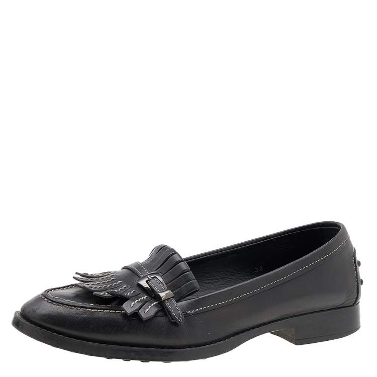 Pre Owned Tod's Black Leather Fringe Loafers Size 38